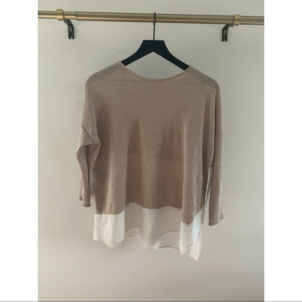 Beige and white long sleeve blouse